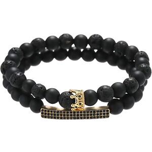 NWOT Beaded Lava Rock Natural Stone Adjustable Bracelet Golden Crown For Men